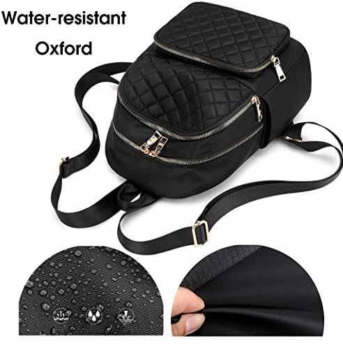 Black water-resistant backpack with detailed views on a white background