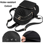 Black water-resistant backpack with detailed views on a white background