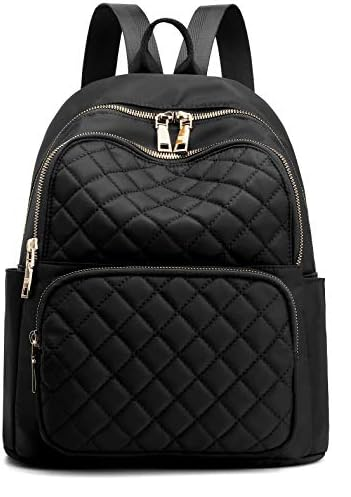 Black quilted backpack with gold zippers on a white background