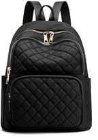 Black quilted backpack with gold zippers on a white background