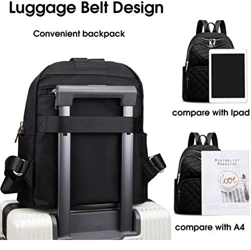 Black backpack with luggage belt design, comparing size with iPad and A4 paper.