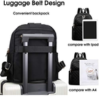 Black backpack with luggage belt design, comparing size with iPad and A4 paper.