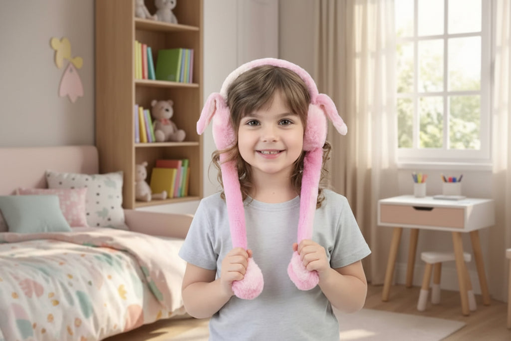 Child wearing pink bunny ears in a room with a bookshelf and window.