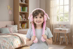 Child wearing pink bunny ears in a room with a bookshelf and window.