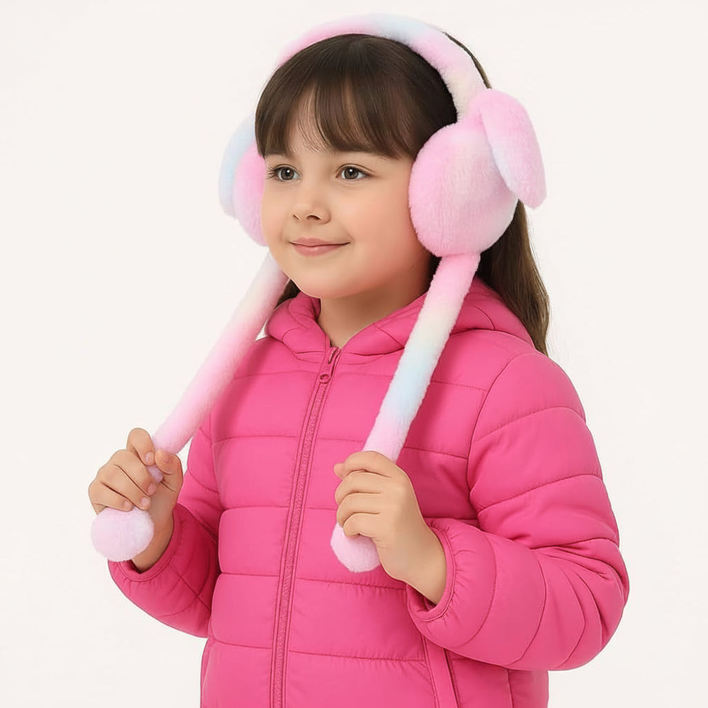 Child wearing pink earmuffs with colorful ribbons, standing against a white background with 'Jbi by Smart Deals' branding.