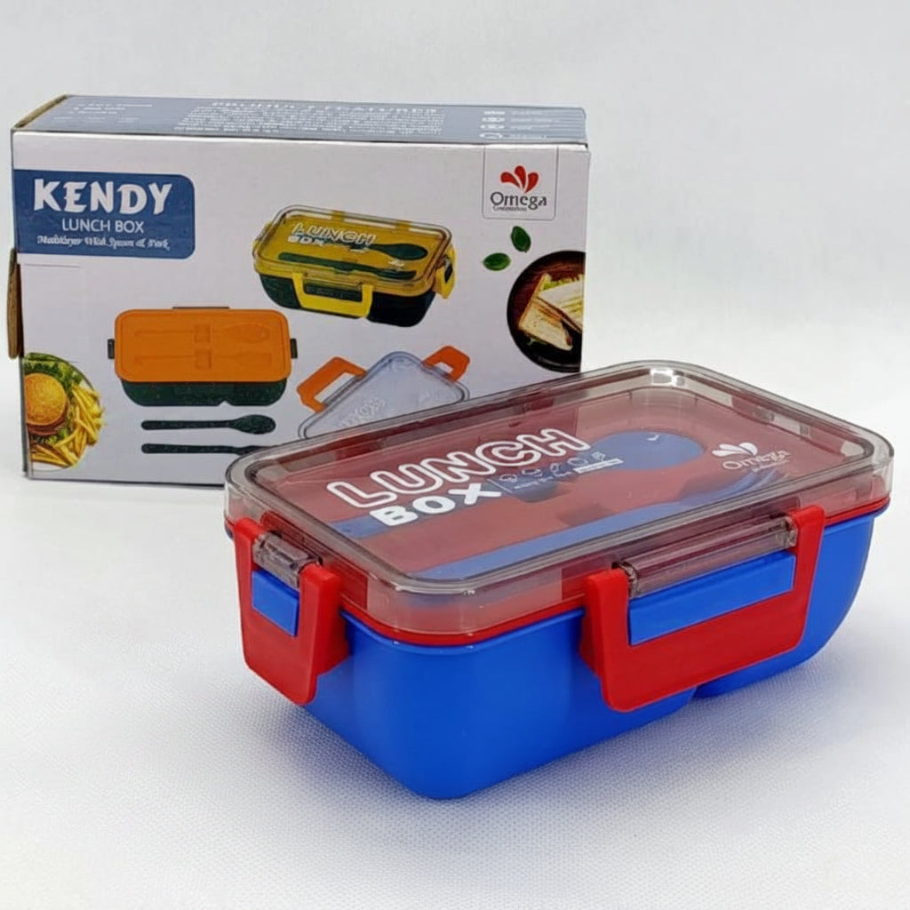 Blue and red lunch box with clear lid in front of a KENDY branded box on a white background