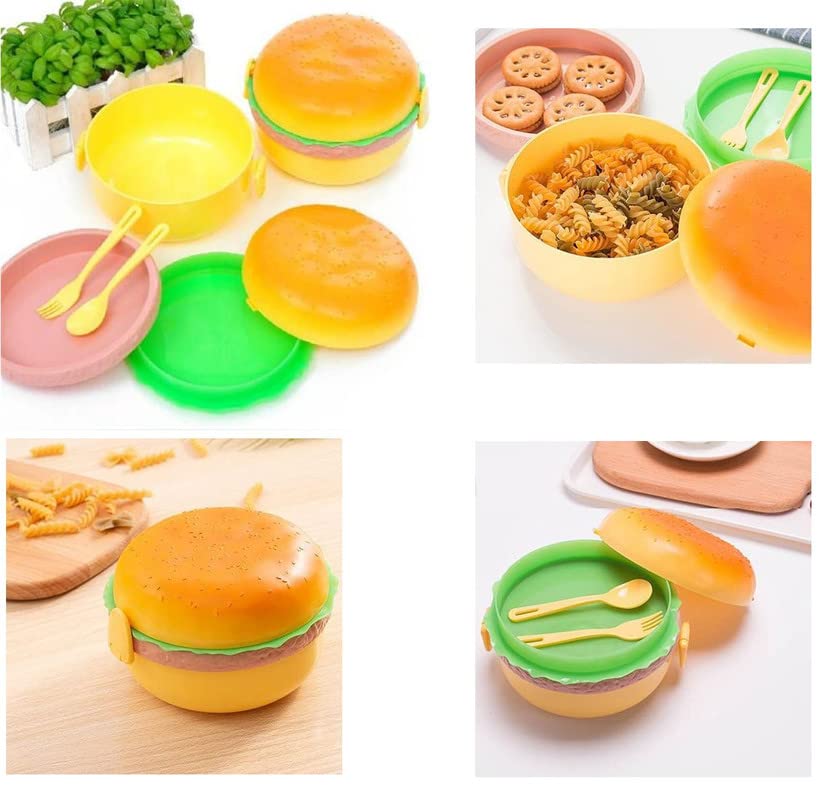 Cute 3-Layer Hamburger Shape Kids Lunch Box with Spoon & Fork – Multi-Tier Portable Bento Box
