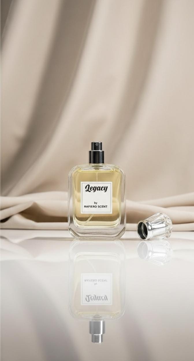 Perfume bottle labeled 'Legacy' on a reflective surface with a beige curtain background