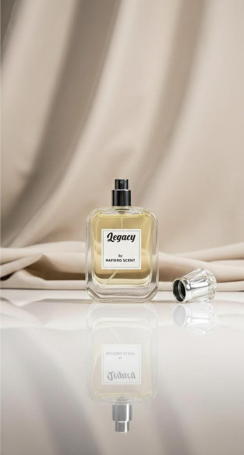 Perfume bottle labeled 'Legacy' on a reflective surface with a beige curtain background