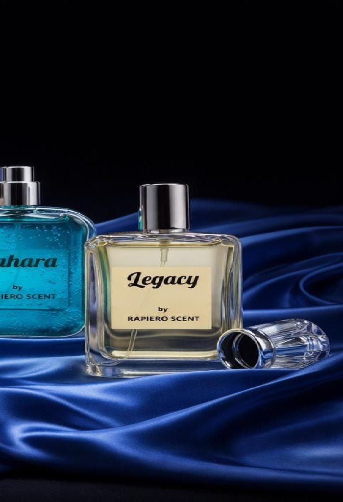 Two perfume bottles, one blue and one clear with a silver cap, on a dark background.