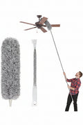 Cleaning tool set with a long-handled duster and a man using it to clean a ceiling fan, branded 'Jbi'.