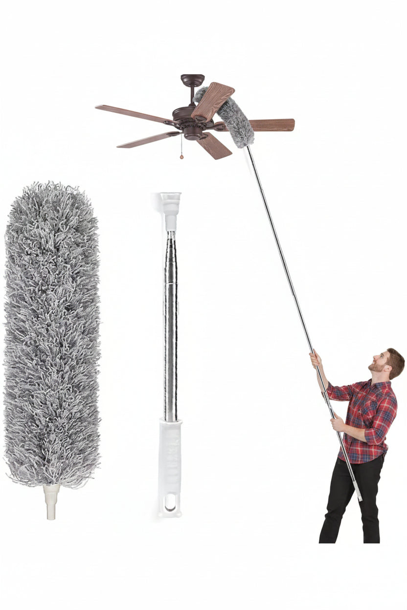 Cleaning tool set with a long-handled duster and a man using it to clean a ceiling fan, branded 'Jbi'.