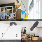 Collage of people using a duster to clean various parts of a house with 'Jbi' branding.