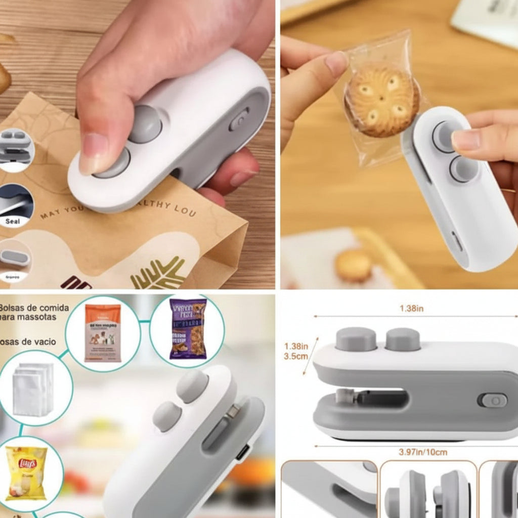 Collage of a hand using a white and gray sealing device on food packaging with 'jbi' branding.