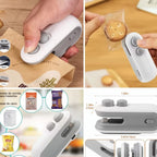 Collage of a hand using a white and gray sealing device on food packaging with 'jbi' branding.