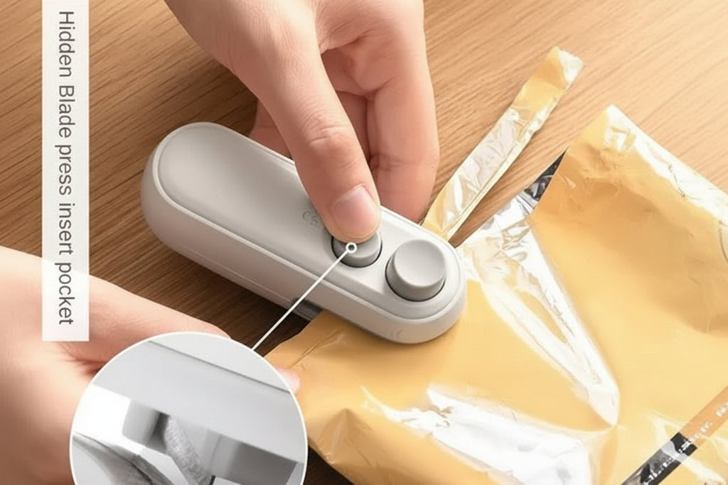 Hand using a white kitchen tool to open a package on a wooden surface, with 'Jbi' branding visible.