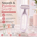 Pink razor with branding and product features on a bathroom background