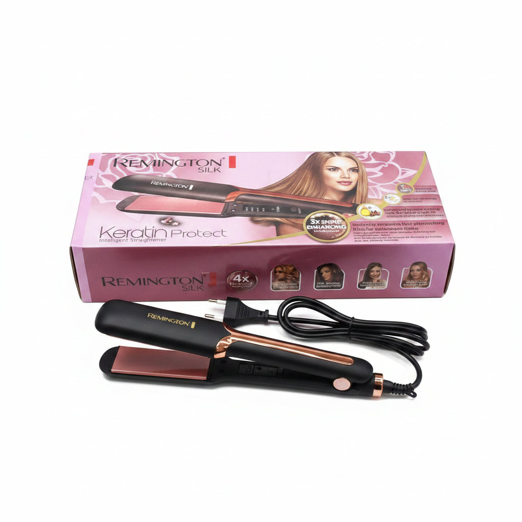 Remington hair straightener with packaging and plug on a white surface