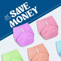 Colorful cloth diapers with 'Save Money' text and Jbi logo on a blue and white background