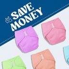 Colorful cloth diapers with 'Save Money' text and Jbi logo on a blue and white background
