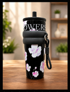 Aesthetic Floral Insulated Travel Tumbler with Straw/Water bottle/sipper, Silicone Grip & Carrying Lanyard