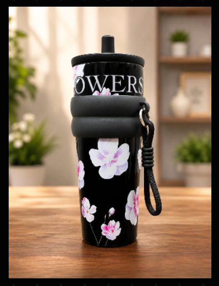 Aesthetic Floral Insulated Travel Tumbler with Straw/Water bottle/sipper, Silicone Grip & Carrying Lanyard