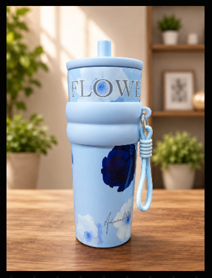 Aesthetic Floral Insulated Travel Tumbler with Straw/Water bottle/sipper, Silicone Grip & Carrying Lanyard