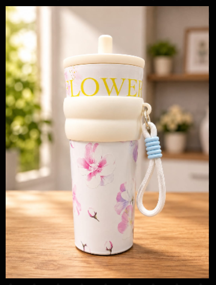 Aesthetic Floral Insulated Travel Tumbler with Straw/Water bottle/sipper, Silicone Grip & Carrying Lanyard