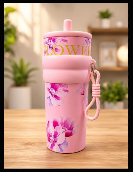 Aesthetic Floral Insulated Travel Tumbler with Straw/Water bottle/sipper, Silicone Grip & Carrying Lanyard