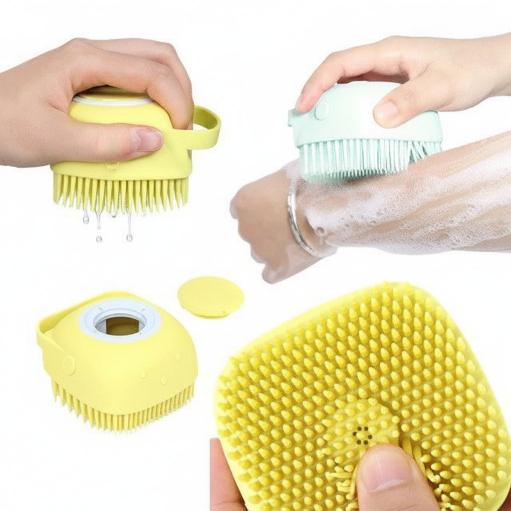 Silicone scrubber with bristles being used on skin, with 'Jbi' branding.