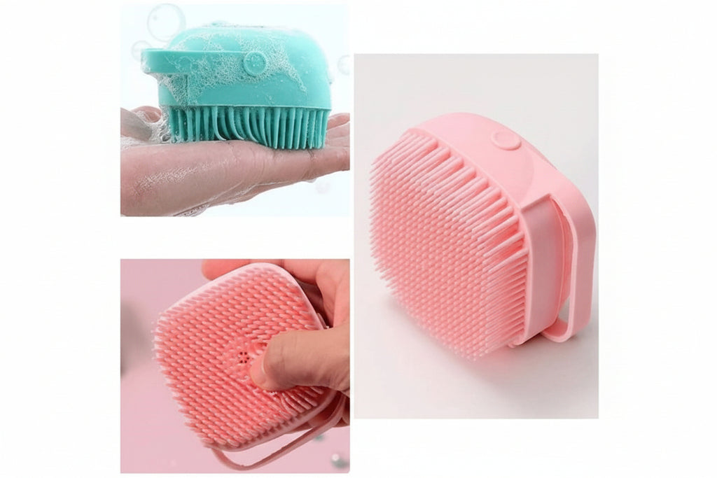 Collage of two silicone cleansing brushes, one green and one pink, with a visible brand logo.