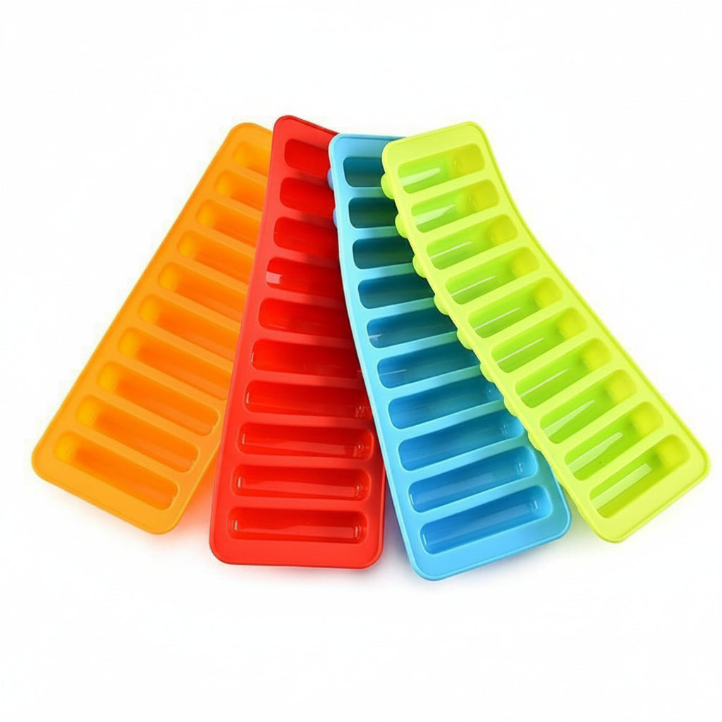 Four colorful ice cube trays in orange, red, blue, and green on a white background with 'Jbi by Smart Deals' branding.