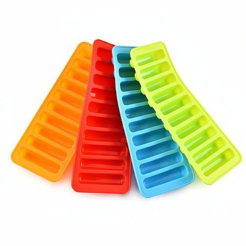Four colorful ice cube trays in orange, red, blue, and green on a white background with 'Jbi by Smart Deals' branding.