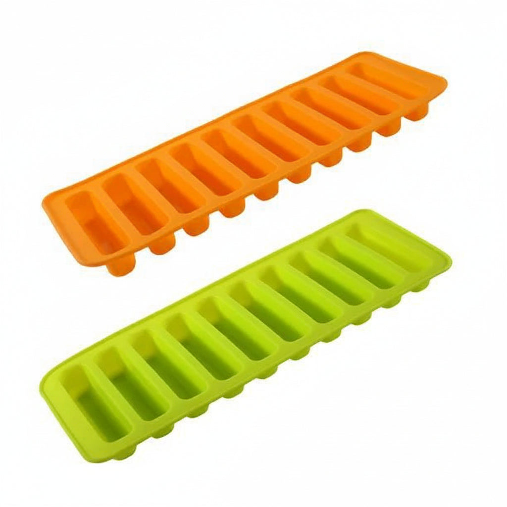 Two rectangular silicone ice cube trays, one orange and one green, on a white background with 'Jbi by Smart Deals' branding.