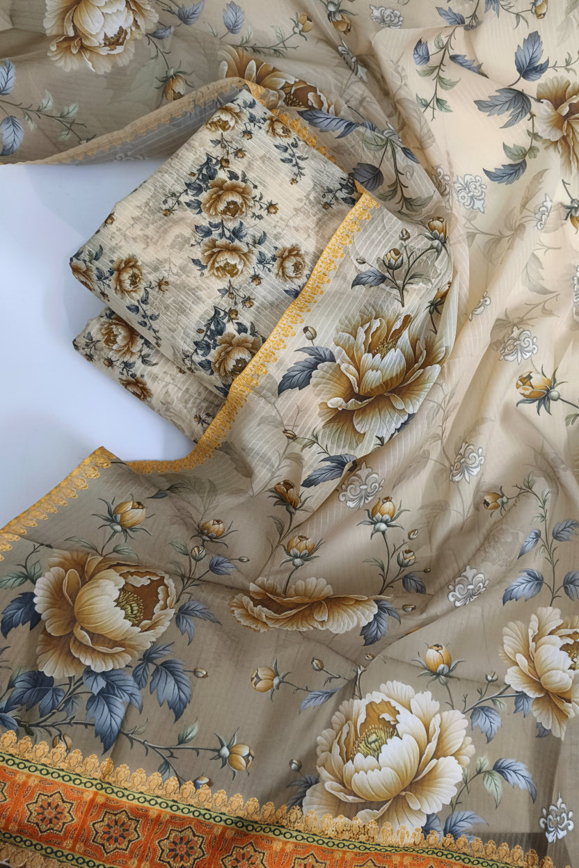 Elegant Digital Printed Bana Dora 3 Piece Suit – Premium Soft Cream Floral Summer Collection 2026
