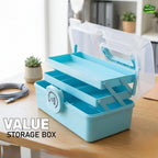 Blue storage box with a transparent lid on a wooden surface, featuring the brand 'Jbi by Smart Deals'.