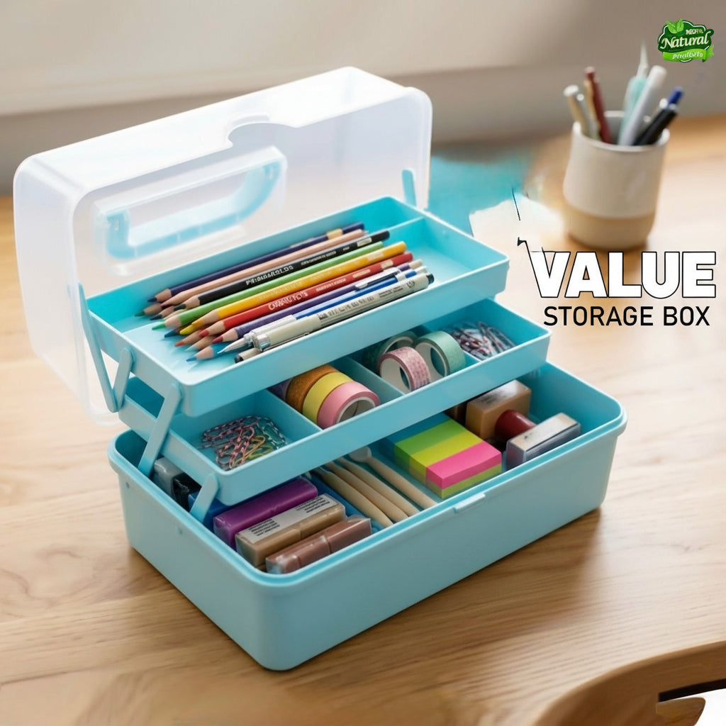 Blue storage box with stationery items on a wooden surface, featuring the brand 'Jbi'.