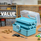 Blue storage box with tools on a wooden surface, featuring the 'Jbi' brand.