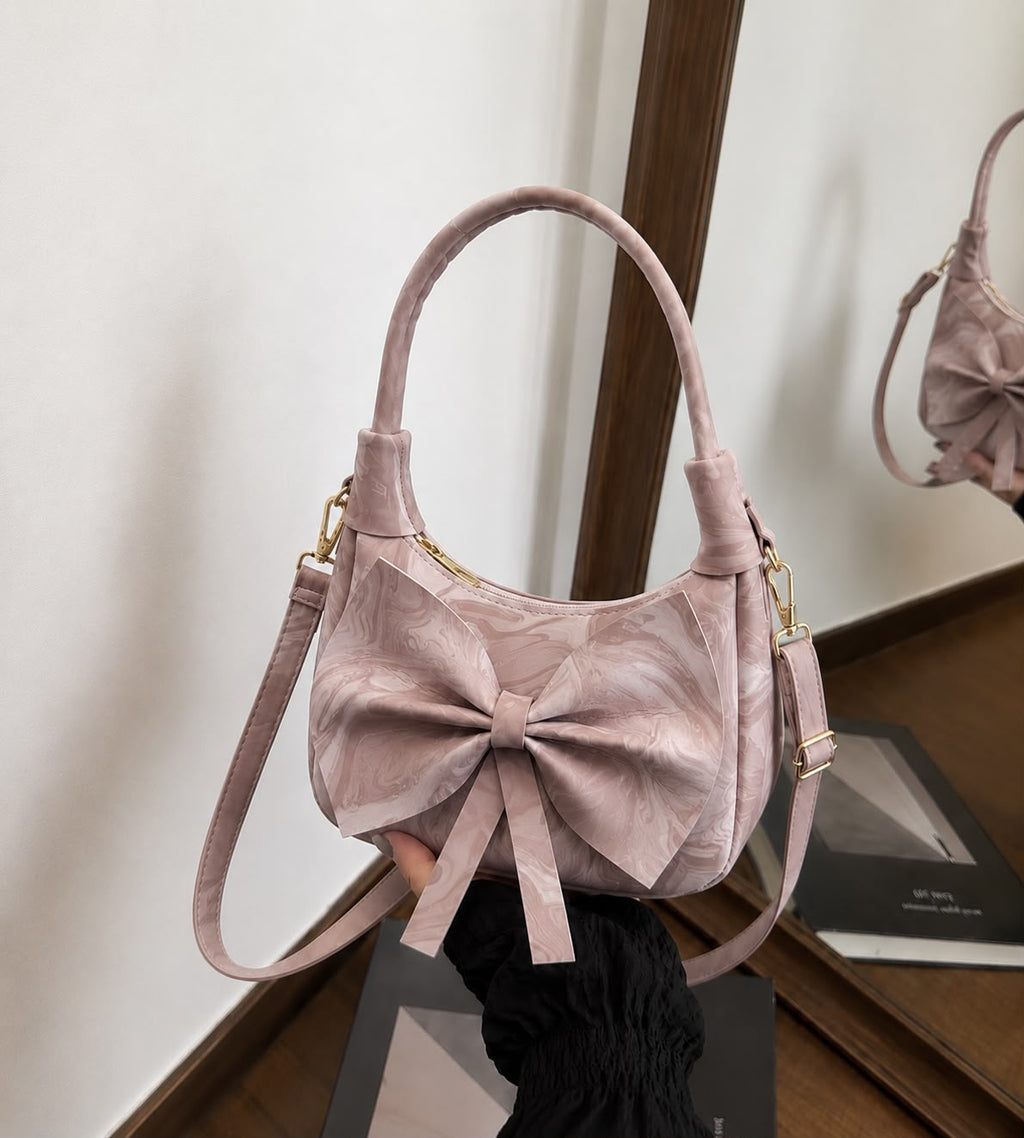 Elegant Bow Shoulder Bag with Marbled Texture - Lightweight Crossbody Purse
