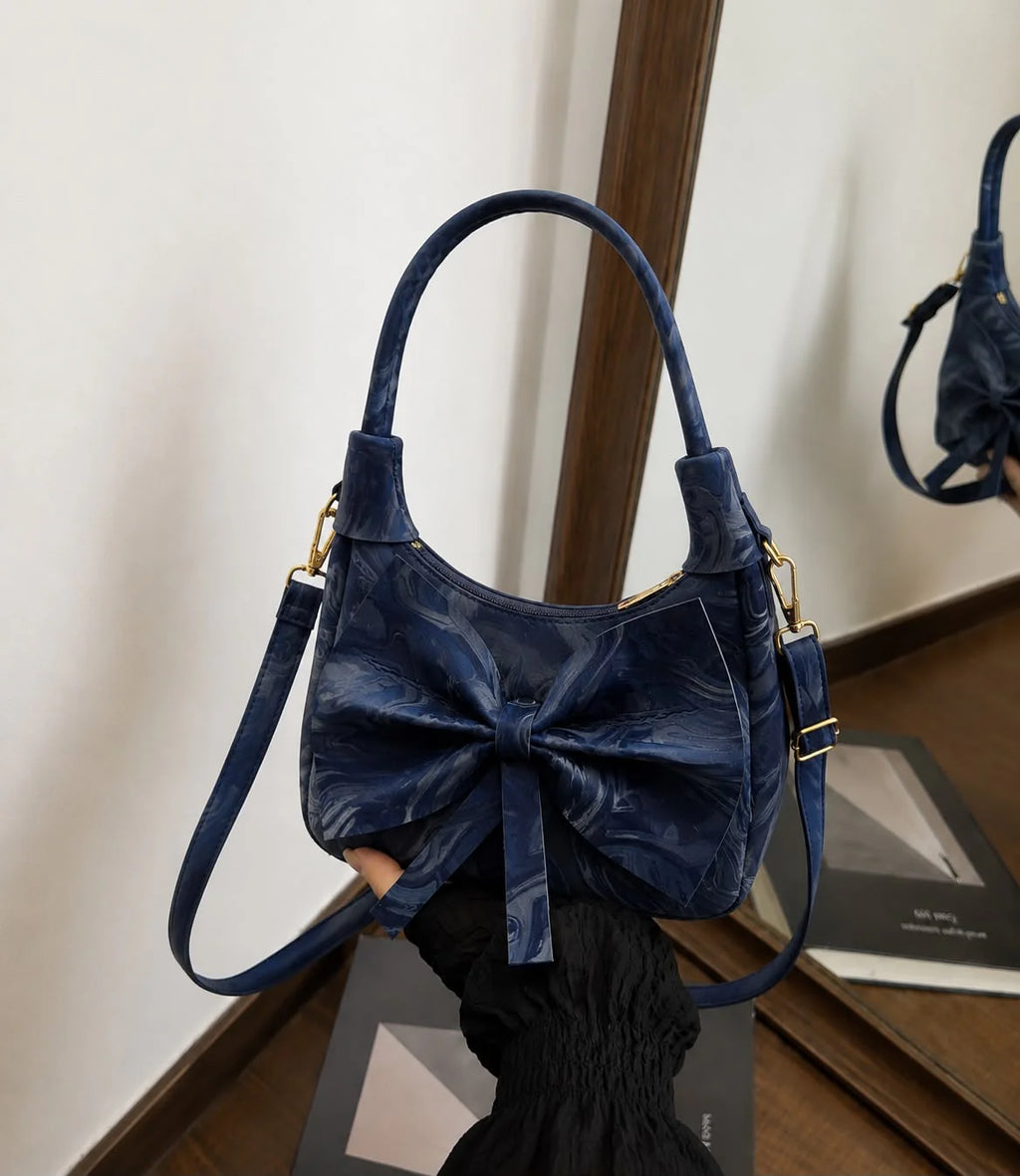 Elegant Bow Shoulder Bag with Marbled Texture - Lightweight Crossbody Purse
