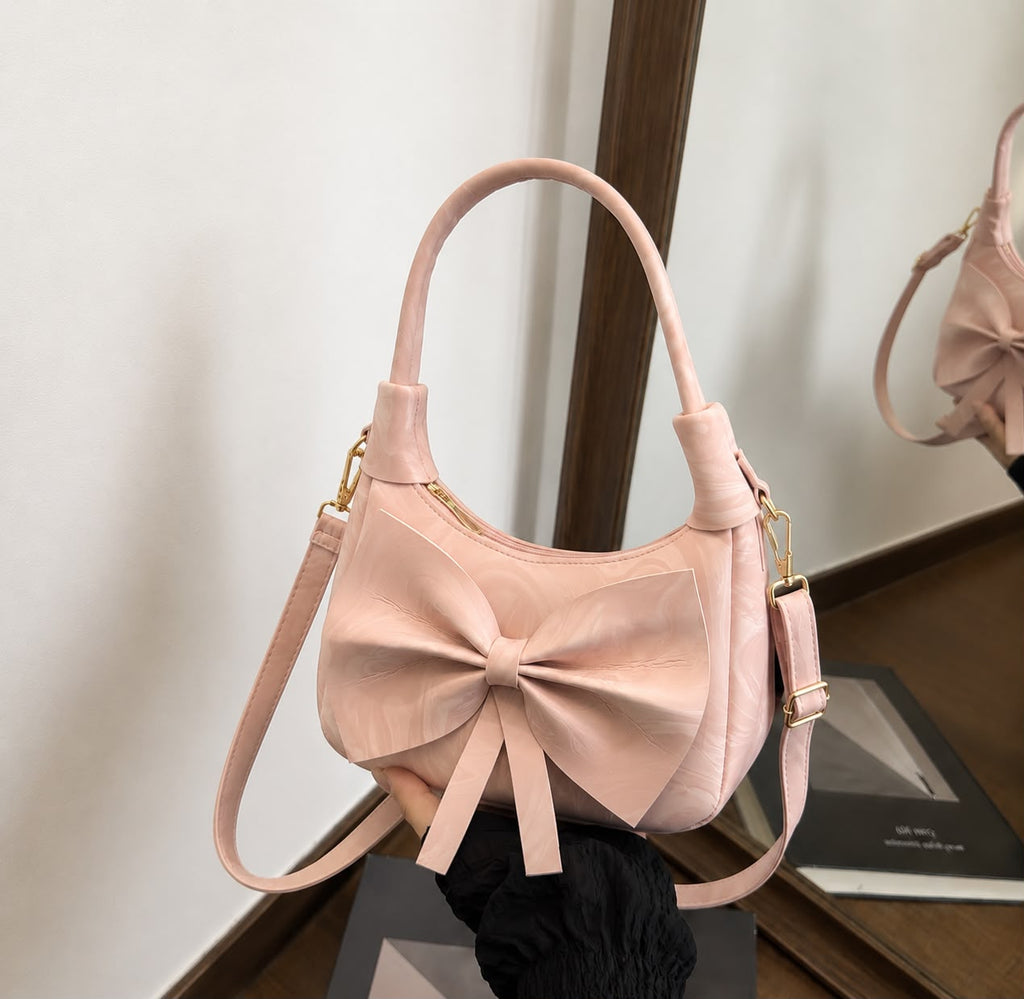 Elegant Bow Shoulder Bag with Marbled Texture - Lightweight Crossbody Purse