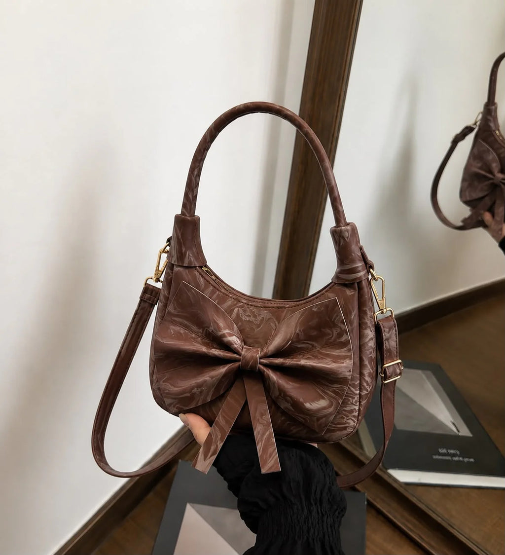 Elegant Bow Shoulder Bag with Marbled Texture - Lightweight Crossbody Purse