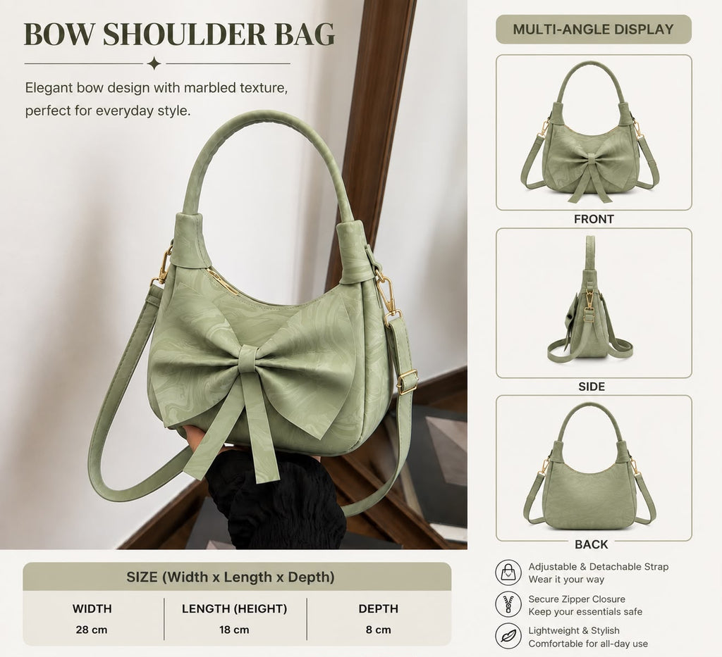 Elegant Bow Shoulder Bag with Marbled Texture - Lightweight Crossbody Purse