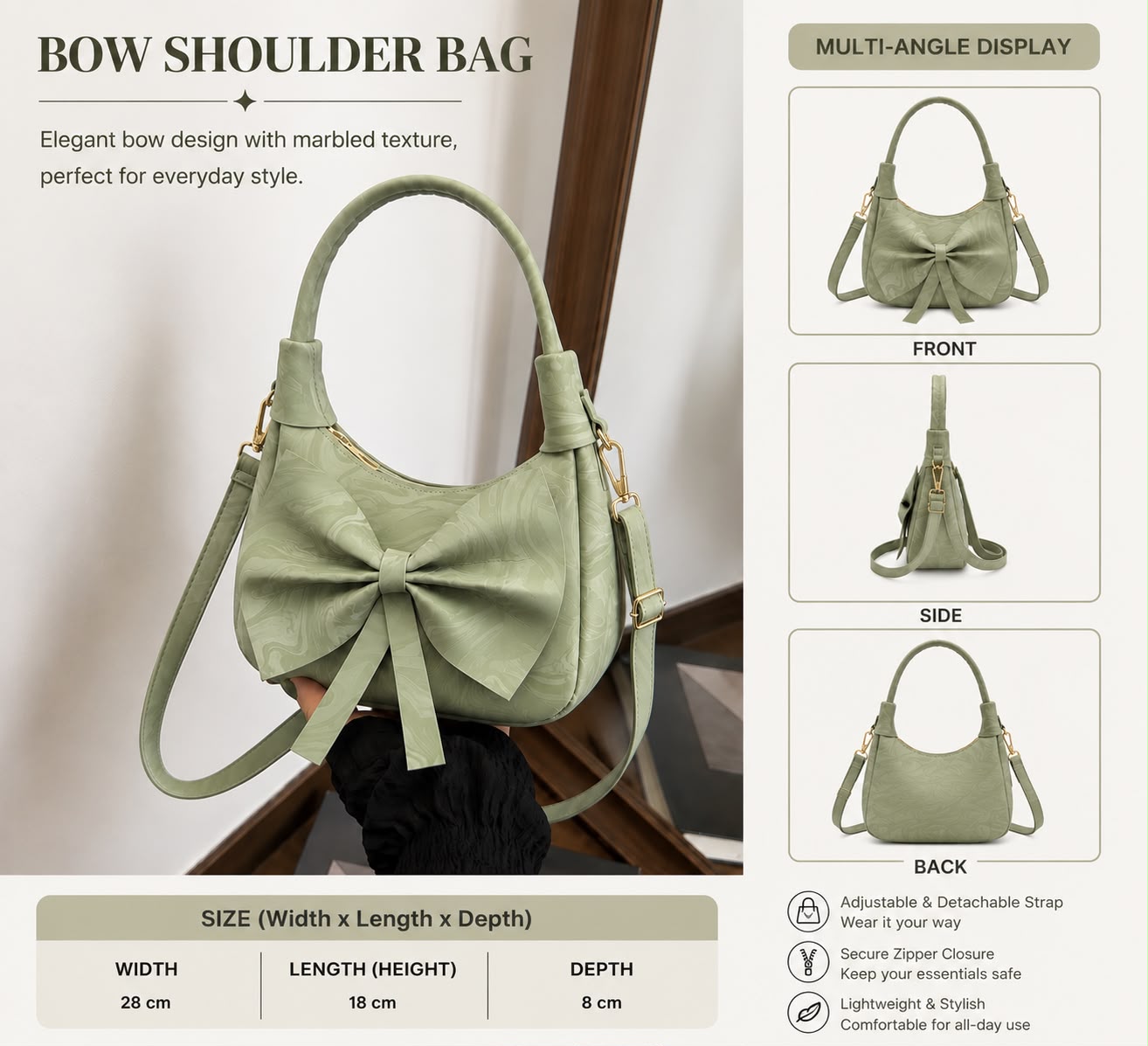 Elegant Bow Shoulder Bag with Marbled Texture - Lightweight Crossbody Purse