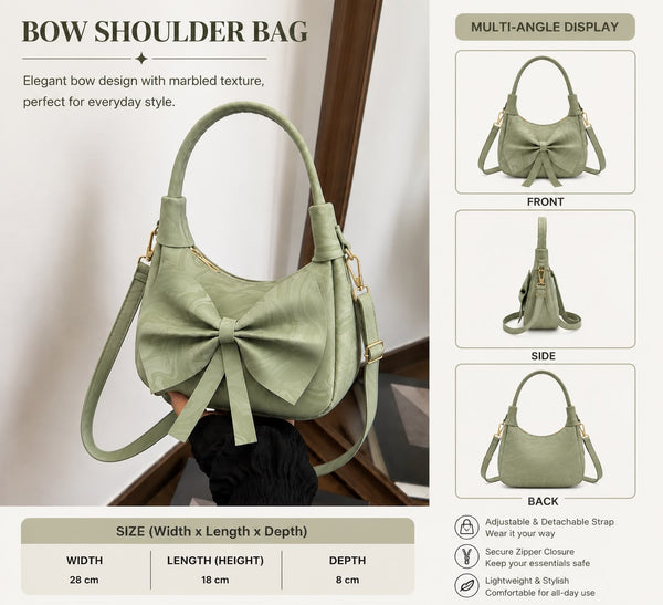 Elegant Bow Shoulder Bag with Marbled Texture - Lightweight Crossbody Purse