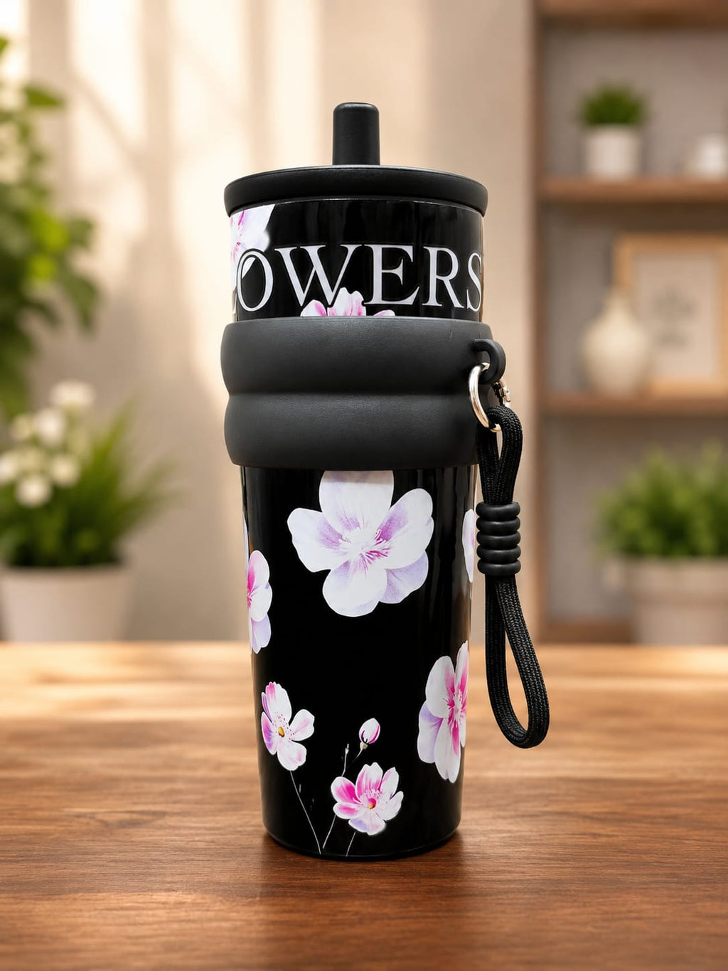 Aesthetic Floral Insulated Travel Tumbler with Straw/Water bottle/sipper, Silicone Grip & Carrying Lanyard