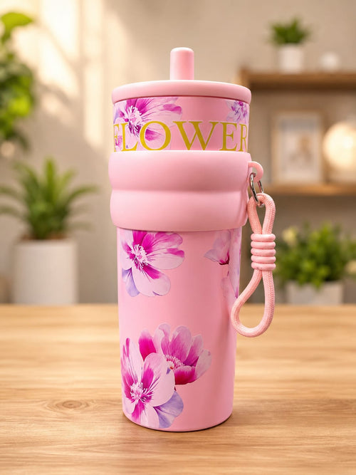 Aesthetic Floral Insulated Travel Tumbler with Straw/Water bottle/sipper, Silicone Grip & Carrying Lanyard
