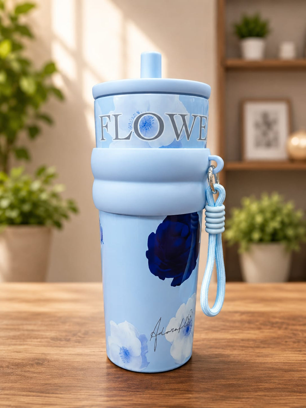 Aesthetic Floral Insulated Travel Tumbler with Straw/Water bottle/sipper, Silicone Grip & Carrying Lanyard