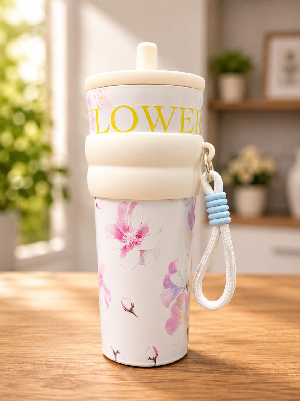 Aesthetic Floral Insulated Travel Tumbler with Straw/Water bottle/sipper, Silicone Grip & Carrying Lanyard