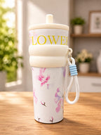 Aesthetic Floral Insulated Travel Tumbler with Straw/Water bottle/sipper, Silicone Grip & Carrying Lanyard